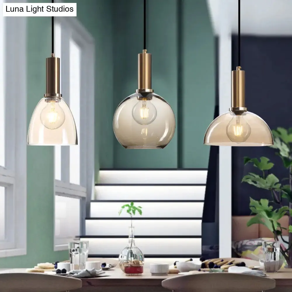 Modern Amber/Clear Glass Curved Shade Pendant Light for Living Room with Brass Lamp Socket