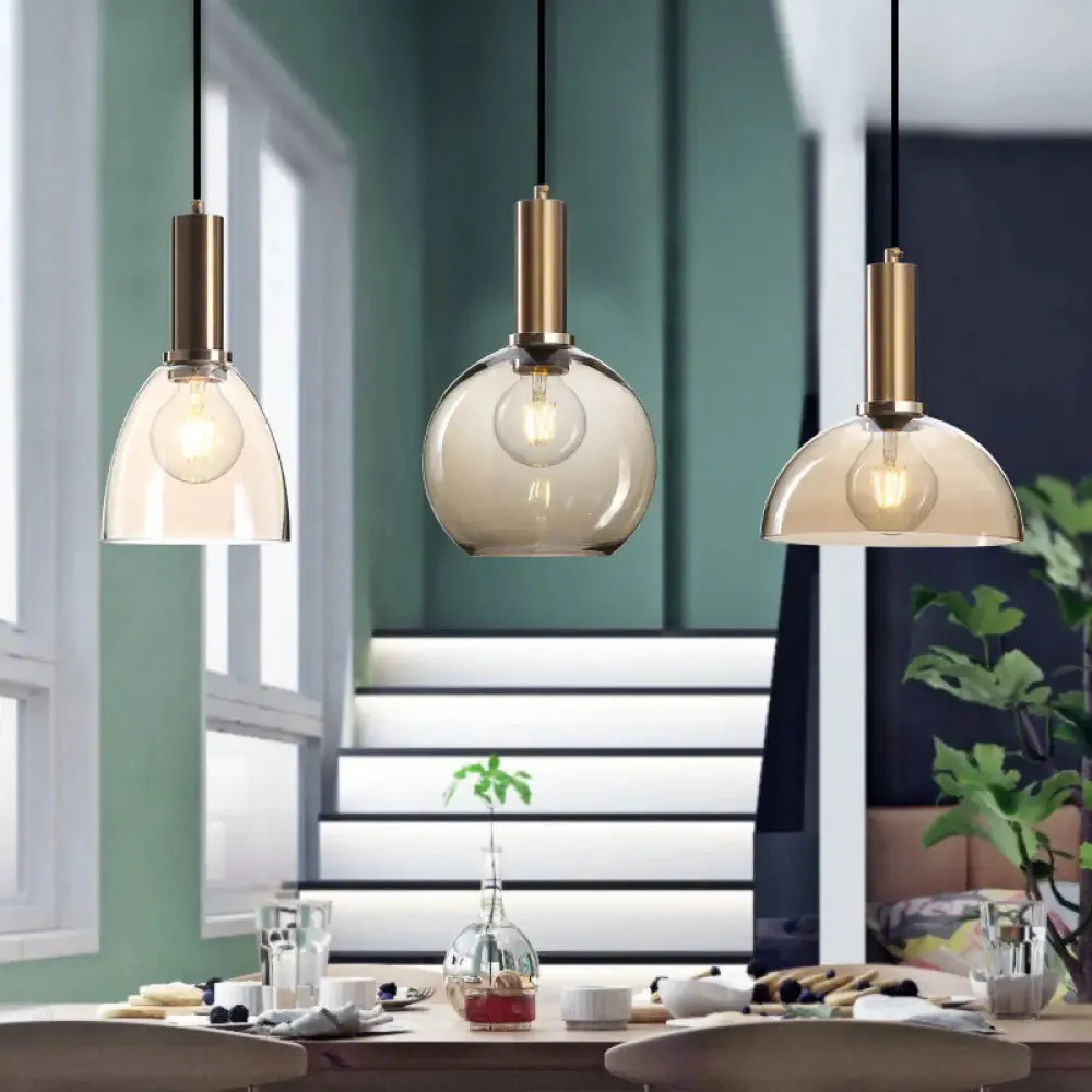 Modern Amber/Clear Glass Curved Shade Pendant Light for Living Room with Brass Lamp Socket