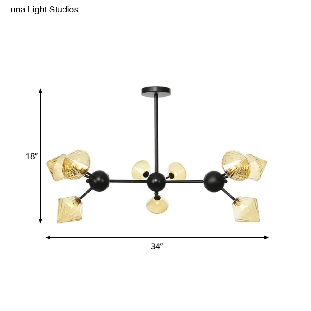 Modern Warehouse Style Chandelier Lamp with Diamond Design - 13"/27.5"/34" Width, Amber/Clear Glass, 3/9/12 Heads - Pendant Lighting for Living Room