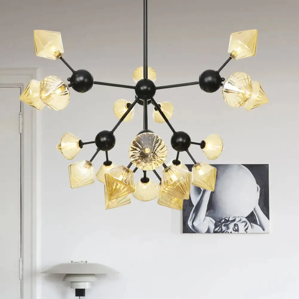 Modern Warehouse Style Chandelier Lamp with Diamond Design - 13"/27.5"/34" Width, Amber/Clear Glass, 3/9/12 Heads - Pendant Lighting for Living Room