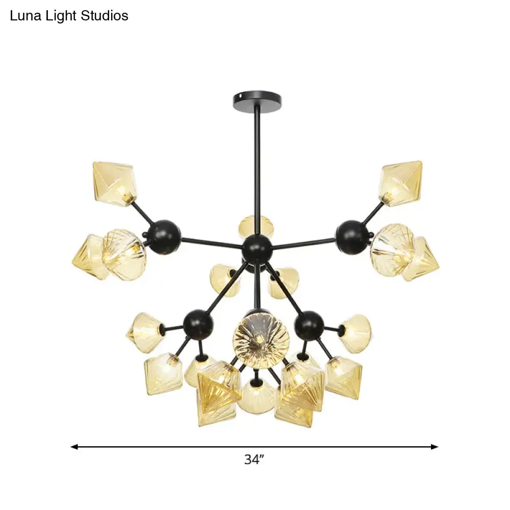 Modern Warehouse Style Chandelier Lamp with Diamond Design - 13"/27.5"/34" Width, Amber/Clear Glass, 3/9/12 Heads - Pendant Lighting for Living Room