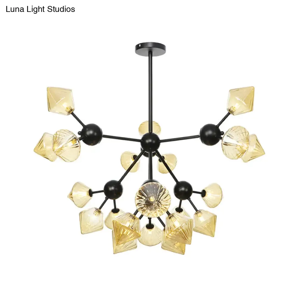 Modern Warehouse Style Chandelier Lamp with Diamond Design - 13"/27.5"/34" Width, Amber/Clear Glass, 3/9/12 Heads - Pendant Lighting for Living Room