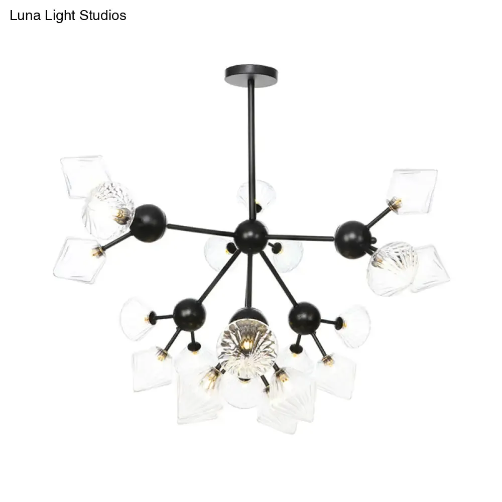 Modern Warehouse Style Chandelier Lamp with Diamond Design - 13"/27.5"/34" Width, Amber/Clear Glass, 3/9/12 Heads - Pendant Lighting for Living Room