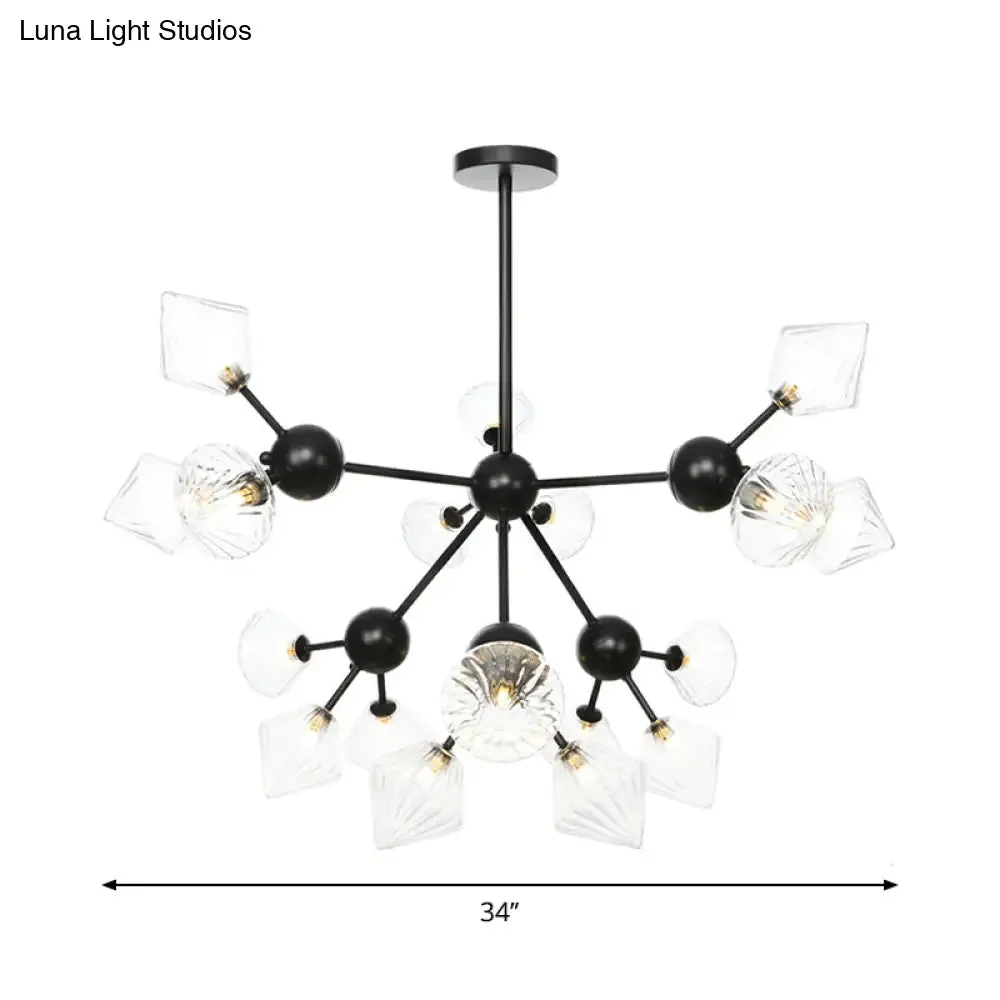 Modern Warehouse Style Chandelier Lamp with Diamond Design - 13"/27.5"/34" Width, Amber/Clear Glass, 3/9/12 Heads - Pendant Lighting for Living Room