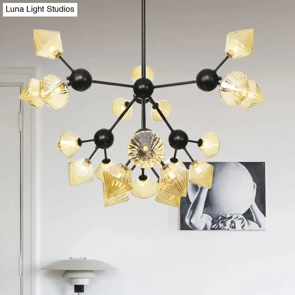 Modern Warehouse Style Chandelier Lamp with Diamond Design - 13"/27.5"/34" Width, Amber/Clear Glass, 3/9/12 Heads - Pendant Lighting for Living Room