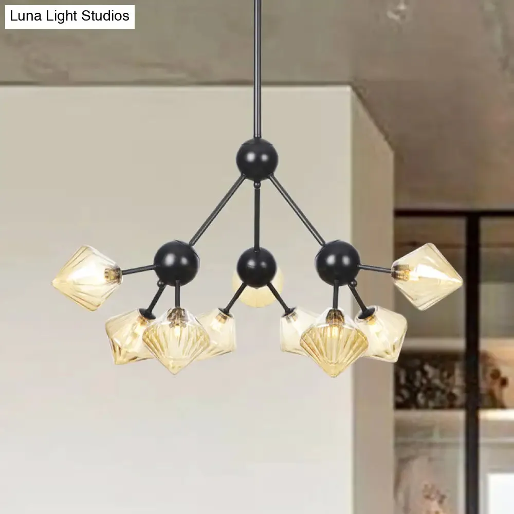 Modern Warehouse Style Chandelier Lamp with Diamond Design - 13"/27.5"/34" Width, Amber/Clear Glass, 3/9/12 Heads - Pendant Lighting for Living Room