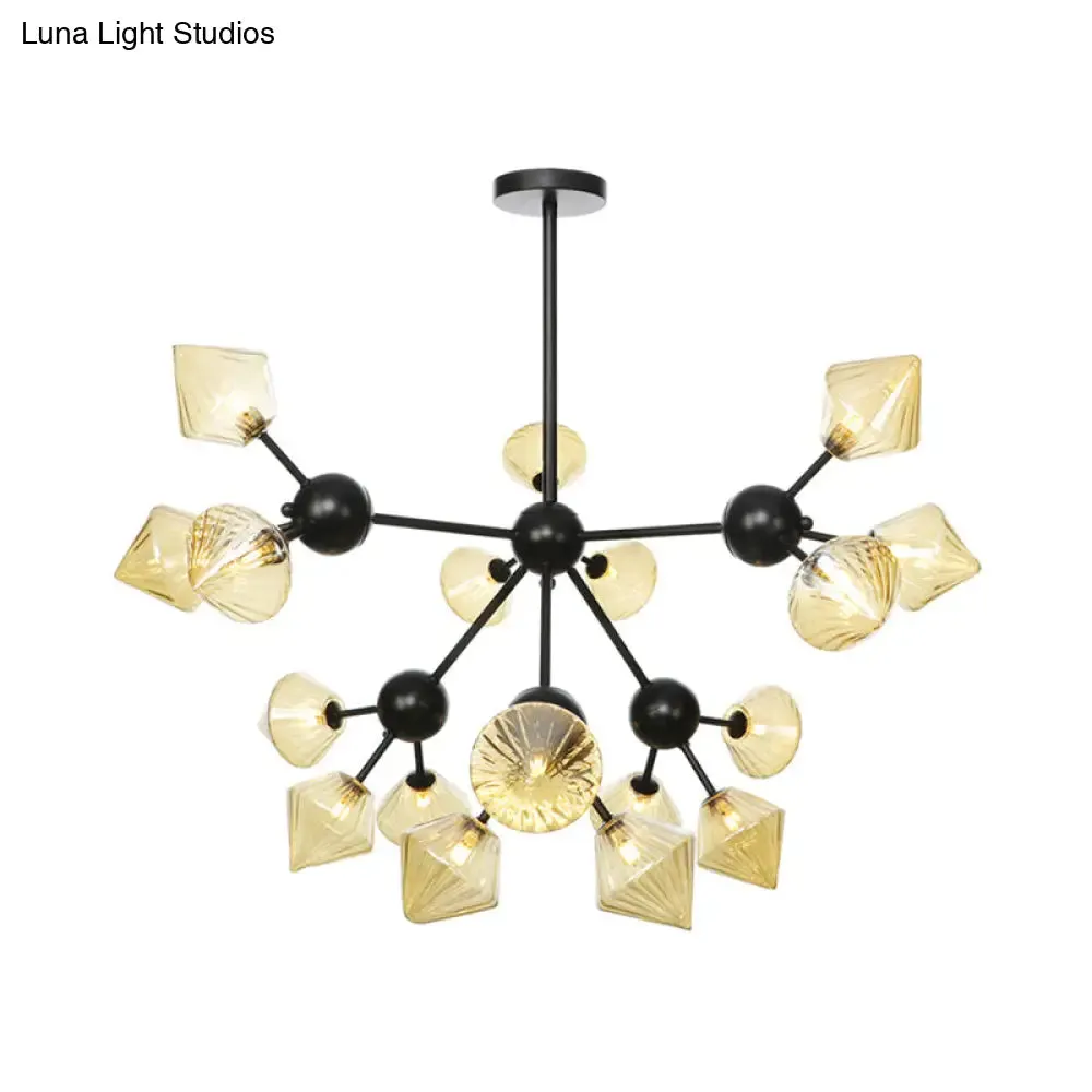 Modern Warehouse Style Chandelier Lamp with Diamond Design - 13"/27.5"/34" Width, Amber/Clear Glass, 3/9/12 Heads - Pendant Lighting for Living Room