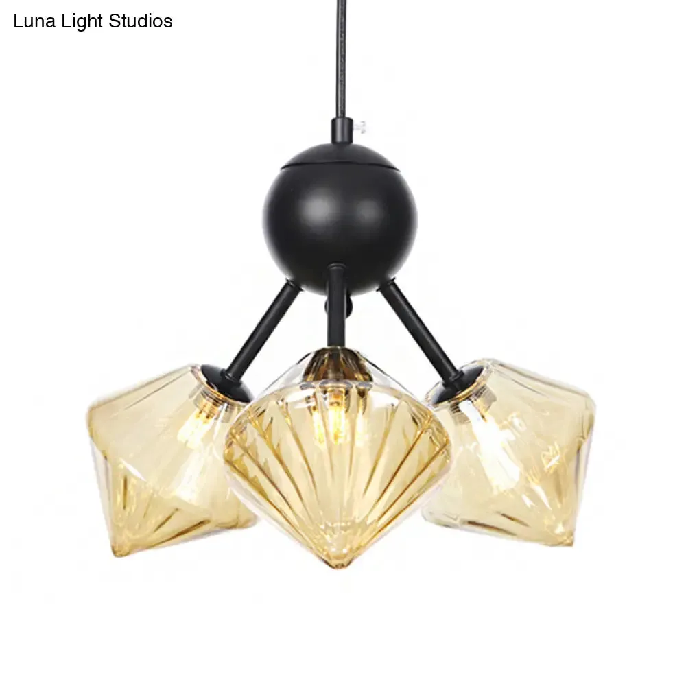 Modern Warehouse Style Chandelier Lamp with Diamond Design - 13"/27.5"/34" Width, Amber/Clear Glass, 3/9/12 Heads - Pendant Lighting for Living Room