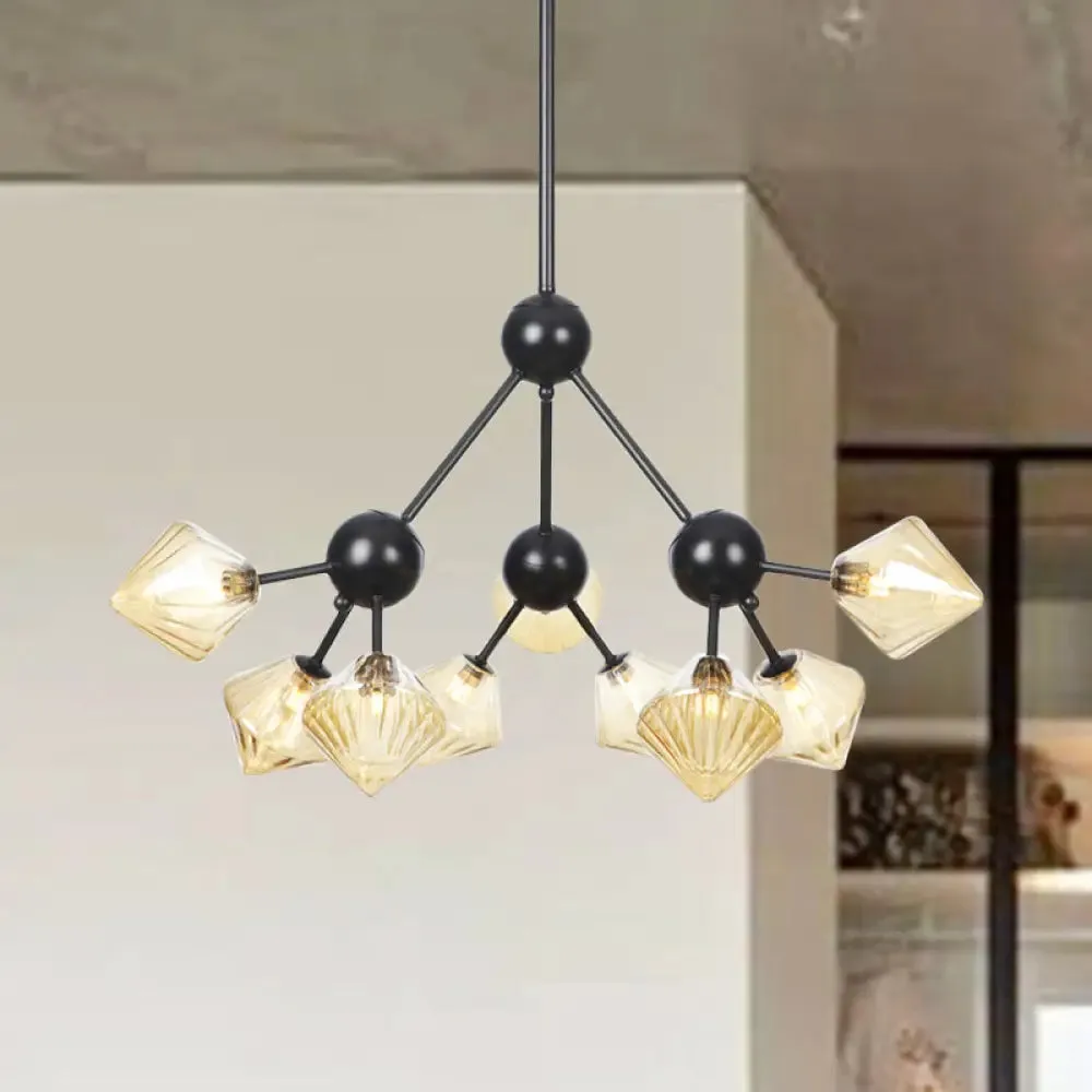 Modern Warehouse Style Chandelier Lamp with Diamond Design - 13"/27.5"/34" Width, Amber/Clear Glass, 3/9/12 Heads - Pendant Lighting for Living Room