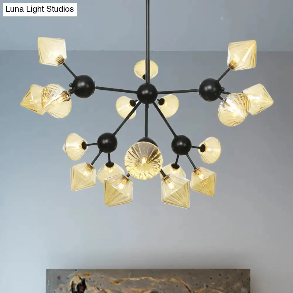 Modern Warehouse Style Chandelier Lamp with Diamond Design - 13"/27.5"/34" Width, Amber/Clear Glass, 3/9/12 Heads - Pendant Lighting for Living Room