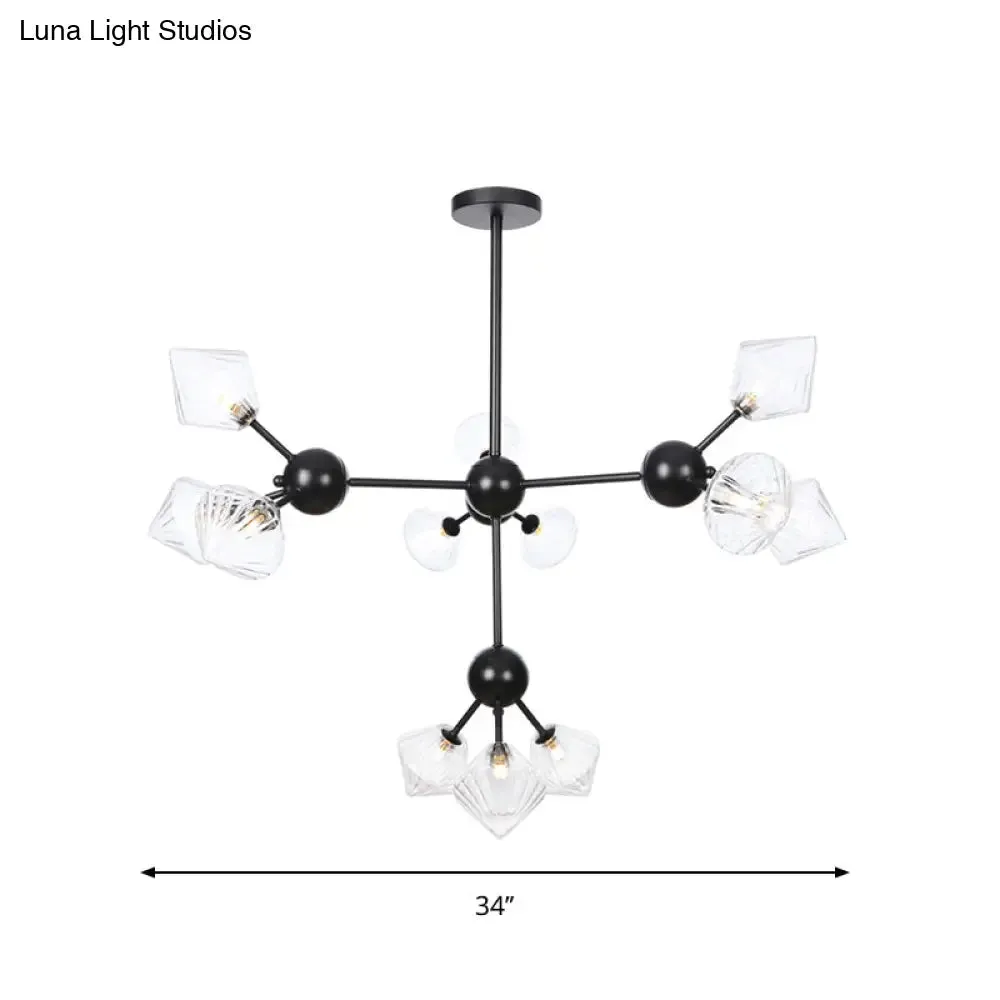 Modern Warehouse Style Chandelier Lamp with Diamond Design - 13"/27.5"/34" Width, Amber/Clear Glass, 3/9/12 Heads - Pendant Lighting for Living Room