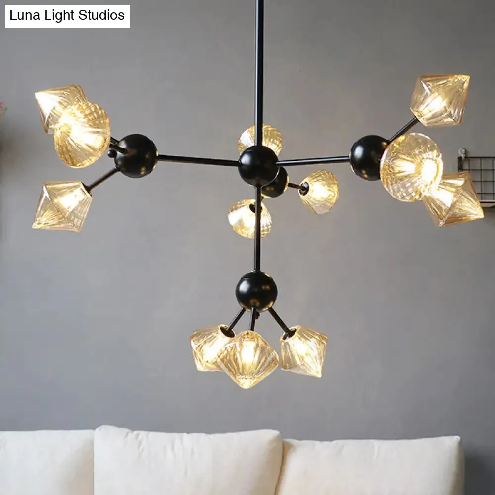 Modern Warehouse Style Chandelier Lamp with Diamond Design - 13"/27.5"/34" Width, Amber/Clear Glass, 3/9/12 Heads - Pendant Lighting for Living Room