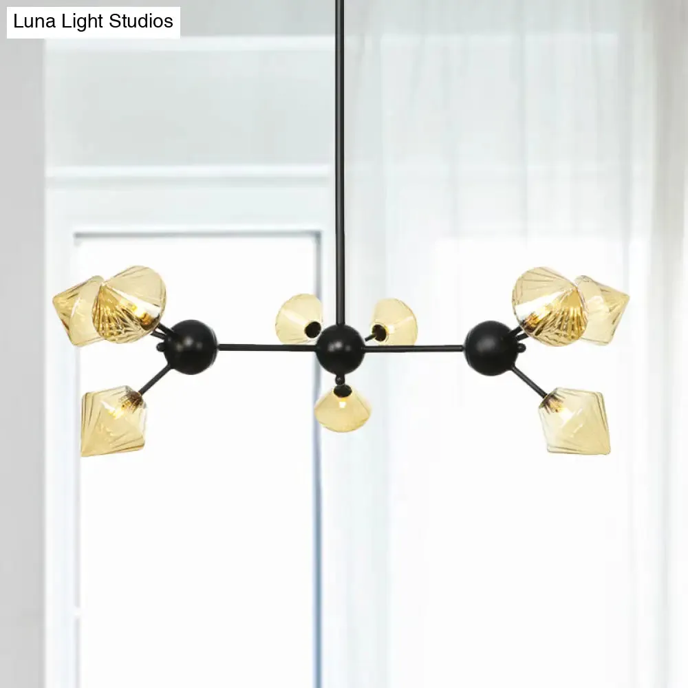 Modern Warehouse Style Chandelier Lamp with Diamond Design - 13"/27.5"/34" Width, Amber/Clear Glass, 3/9/12 Heads - Pendant Lighting for Living Room