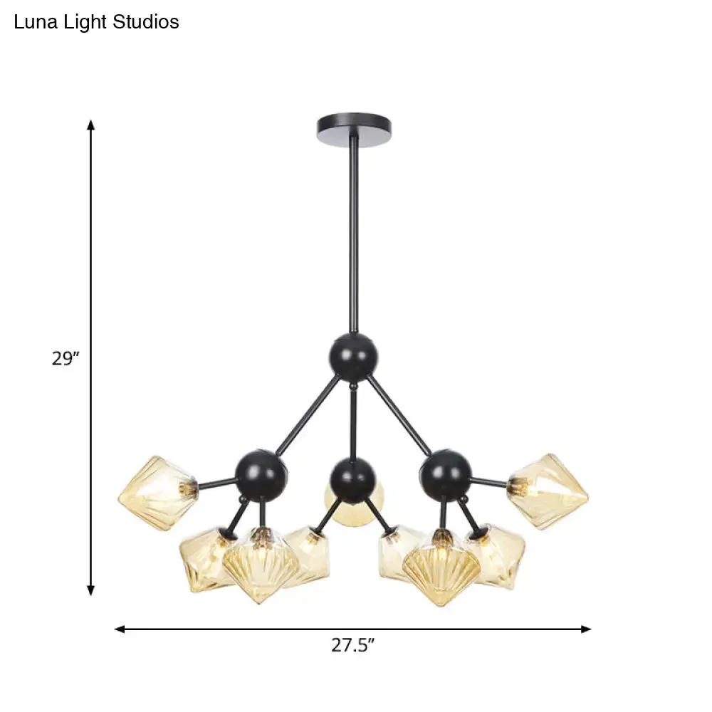 Modern Warehouse Style Chandelier Lamp with Diamond Design - 13"/27.5"/34" Width, Amber/Clear Glass, 3/9/12 Heads - Pendant Lighting for Living Room