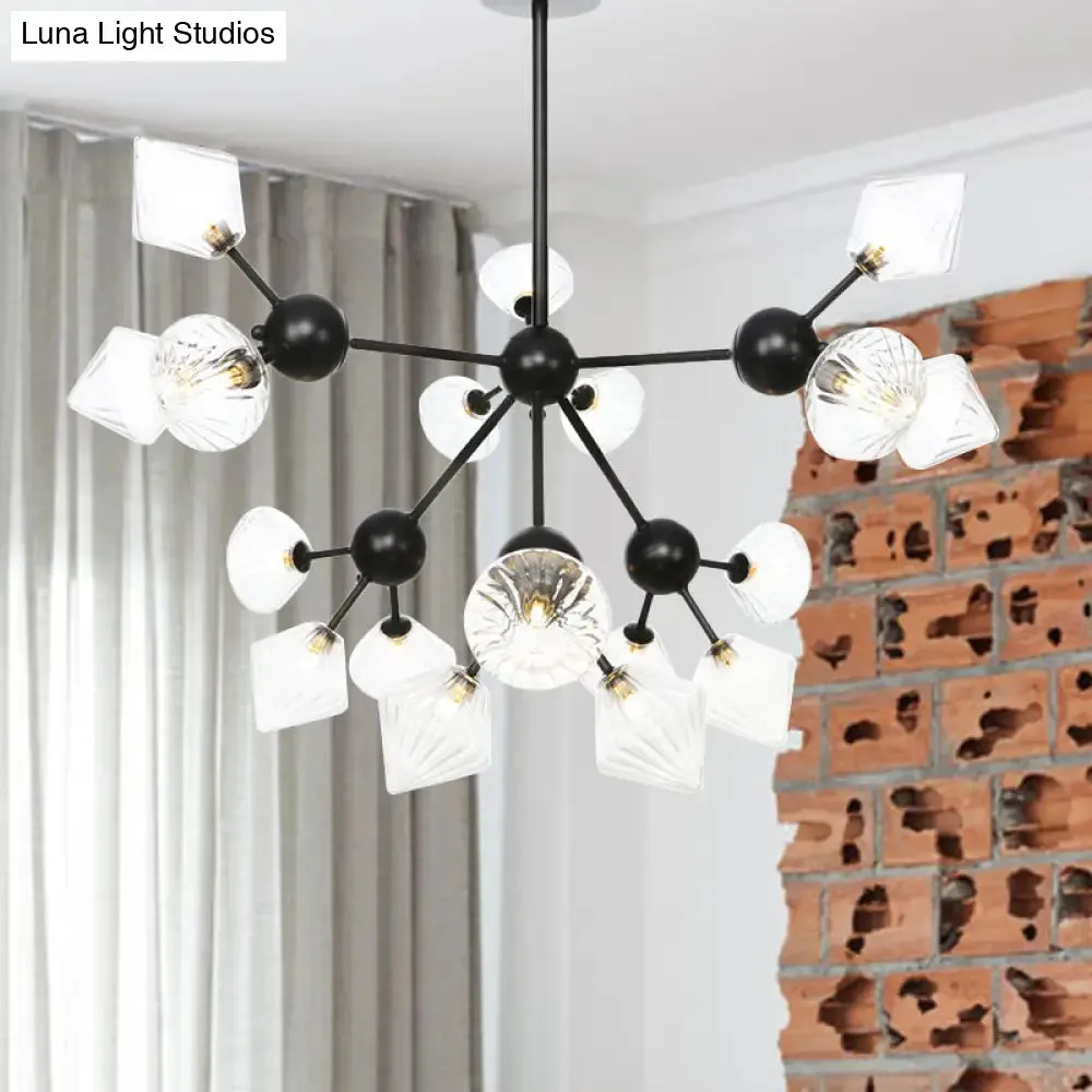 Modern Warehouse Style Chandelier Lamp with Diamond Design - 13"/27.5"/34" Width, Amber/Clear Glass, 3/9/12 Heads - Pendant Lighting for Living Room