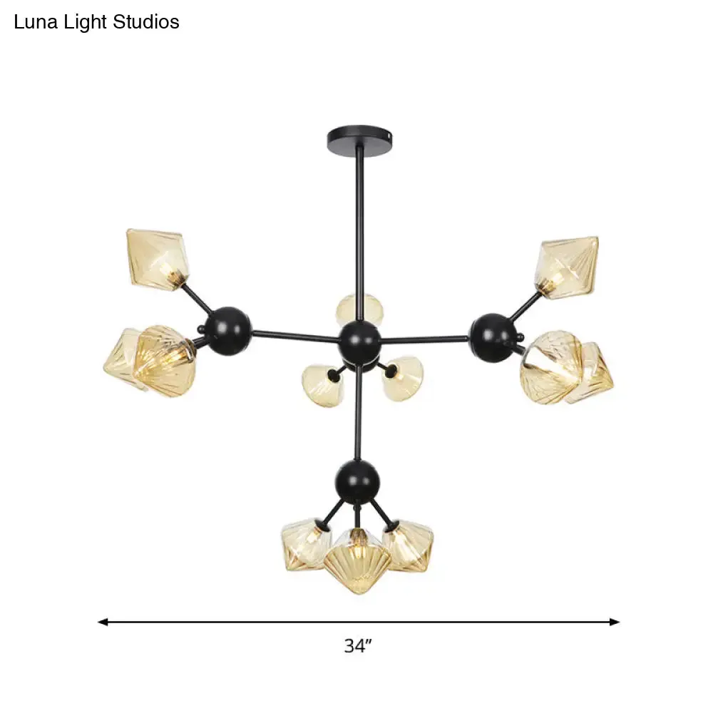 Modern Warehouse Style Chandelier Lamp with Diamond Design - 13"/27.5"/34" Width, Amber/Clear Glass, 3/9/12 Heads - Pendant Lighting for Living Room