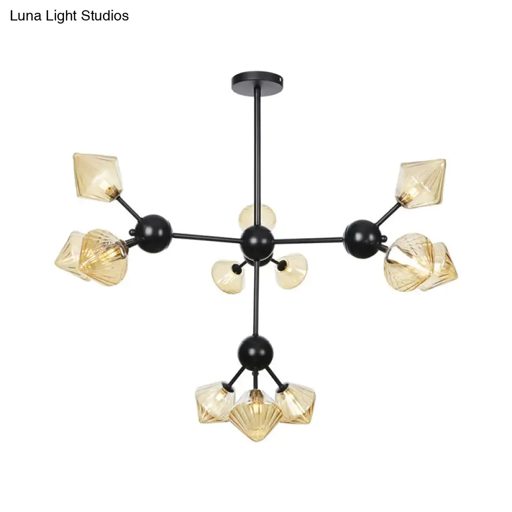 Modern Warehouse Style Chandelier Lamp with Diamond Design - 13"/27.5"/34" Width, Amber/Clear Glass, 3/9/12 Heads - Pendant Lighting for Living Room