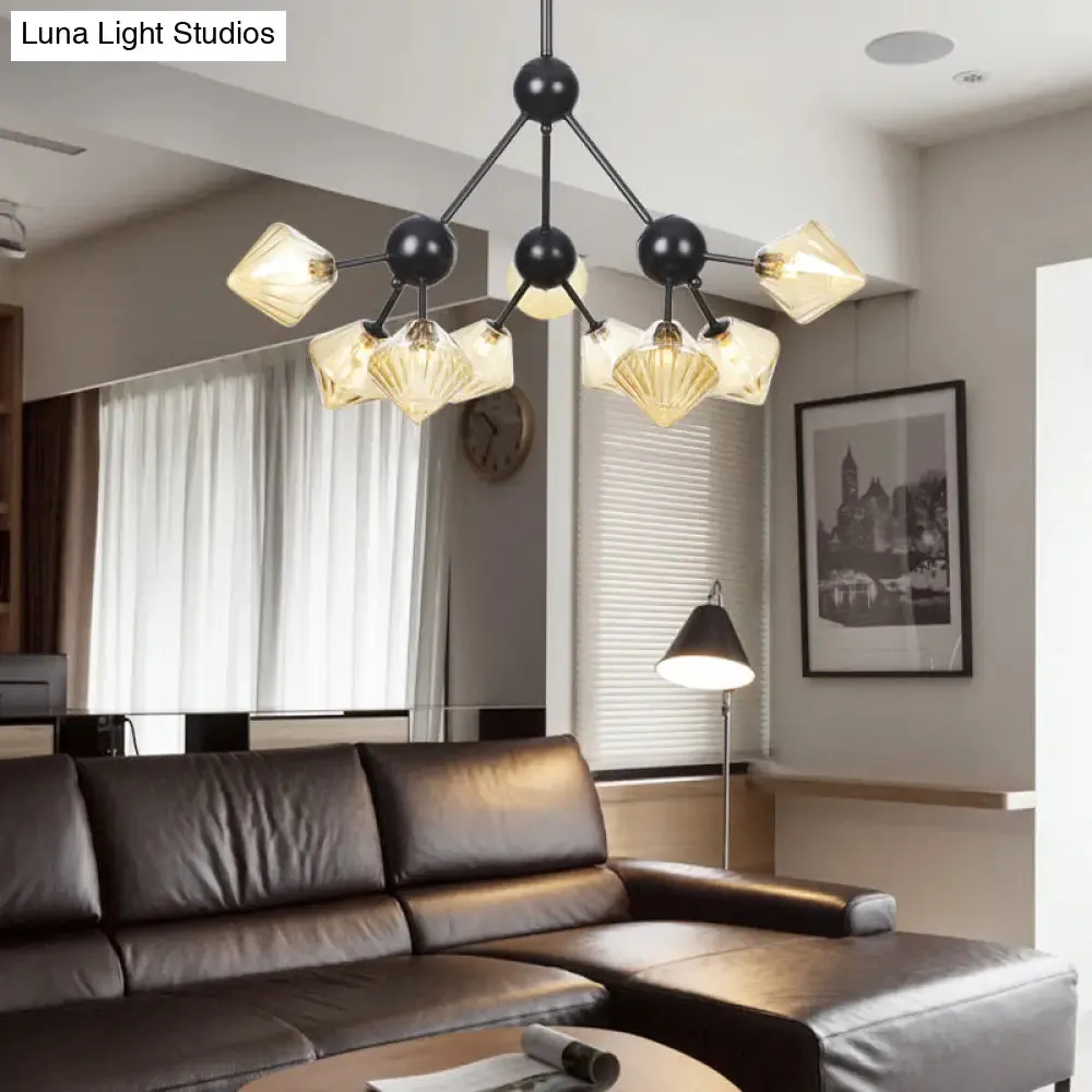 Modern Warehouse Style Chandelier Lamp with Diamond Design - 13"/27.5"/34" Width, Amber/Clear Glass, 3/9/12 Heads - Pendant Lighting for Living Room