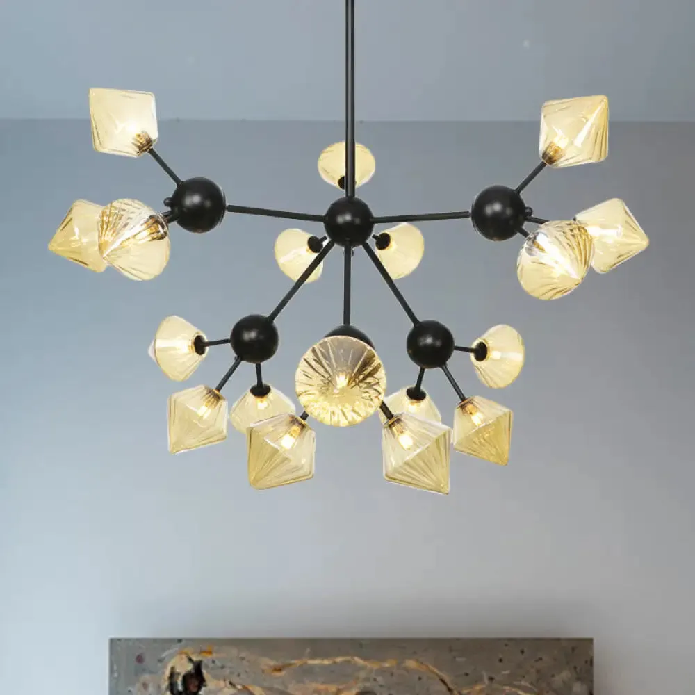 Modern Warehouse Style Chandelier Lamp with Diamond Design - 13"/27.5"/34" Width, Amber/Clear Glass, 3/9/12 Heads - Pendant Lighting for Living Room