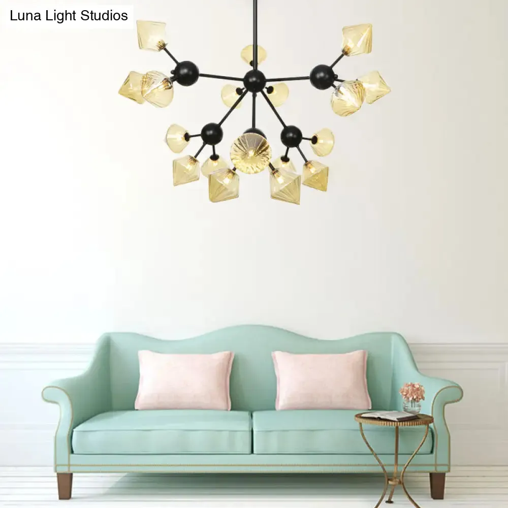 Modern Warehouse Style Chandelier Lamp with Diamond Design - 13"/27.5"/34" Width, Amber/Clear Glass, 3/9/12 Heads - Pendant Lighting for Living Room