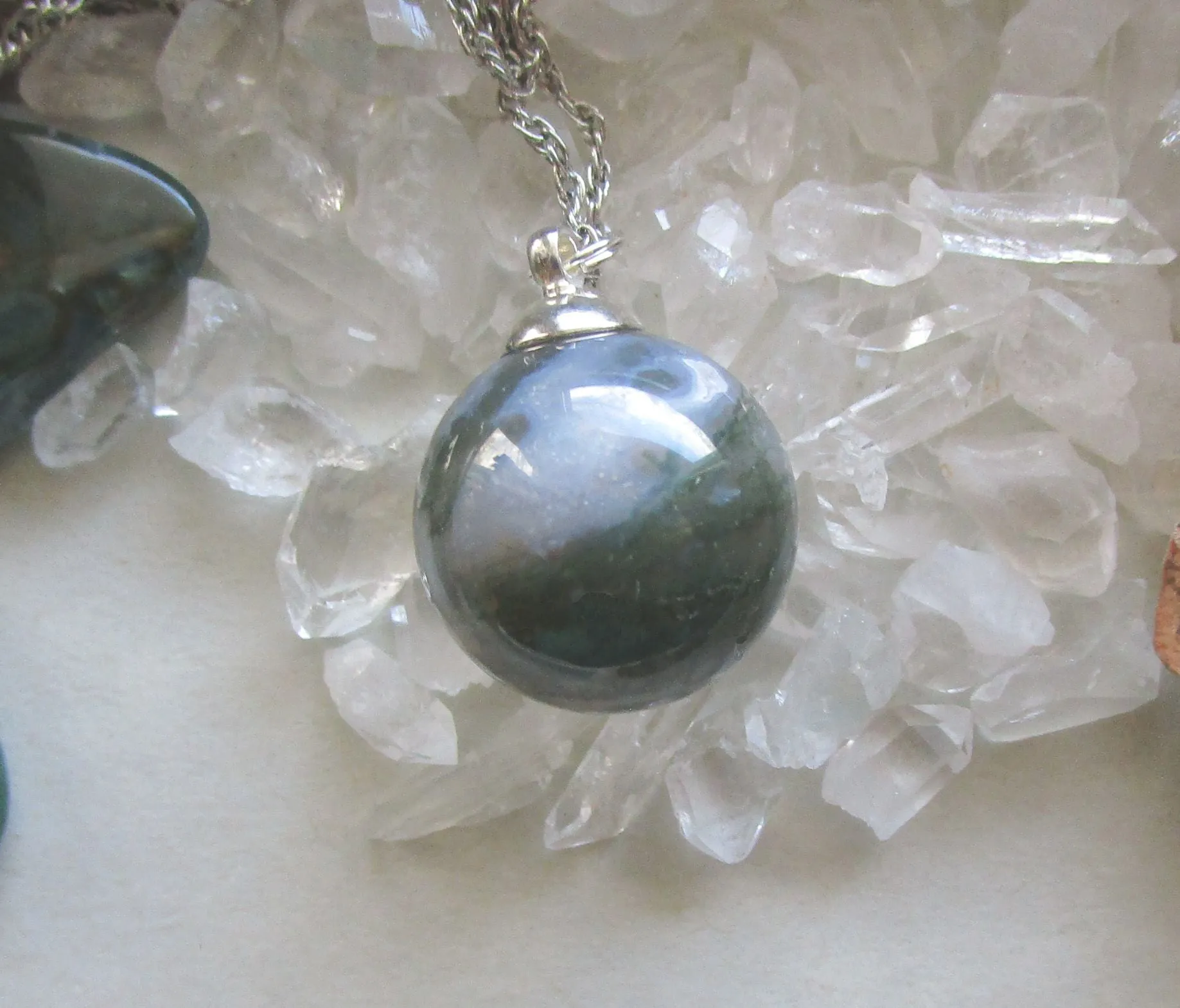 Moss Agate Natural Gemstone Crystal Ball Pendant Necklace