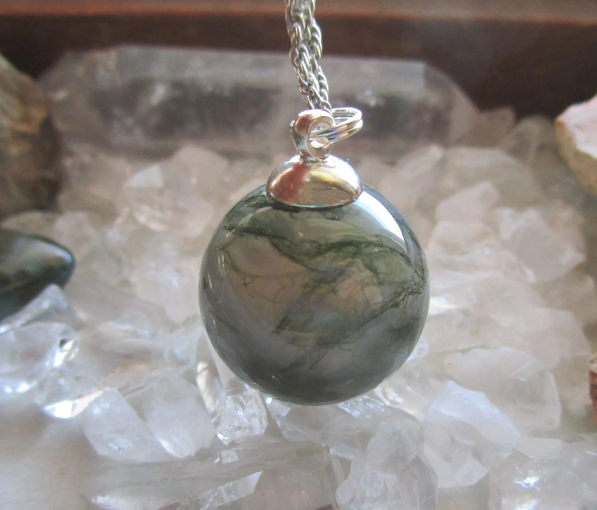 Moss Agate Natural Gemstone Crystal Ball Pendant Necklace