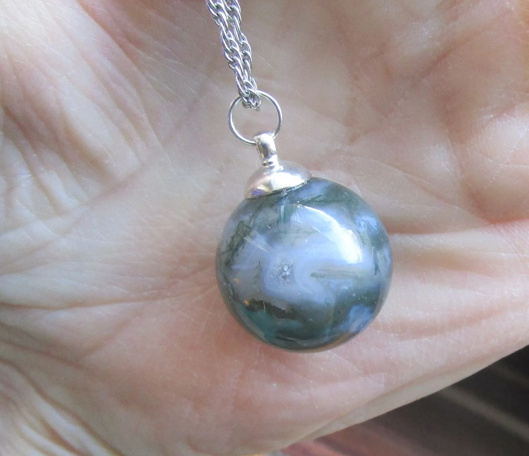 Moss Agate Natural Gemstone Crystal Ball Pendant Necklace