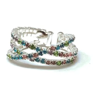 Multi Color Rhinestone Silver Crossover Cuff Style Stretch Ring