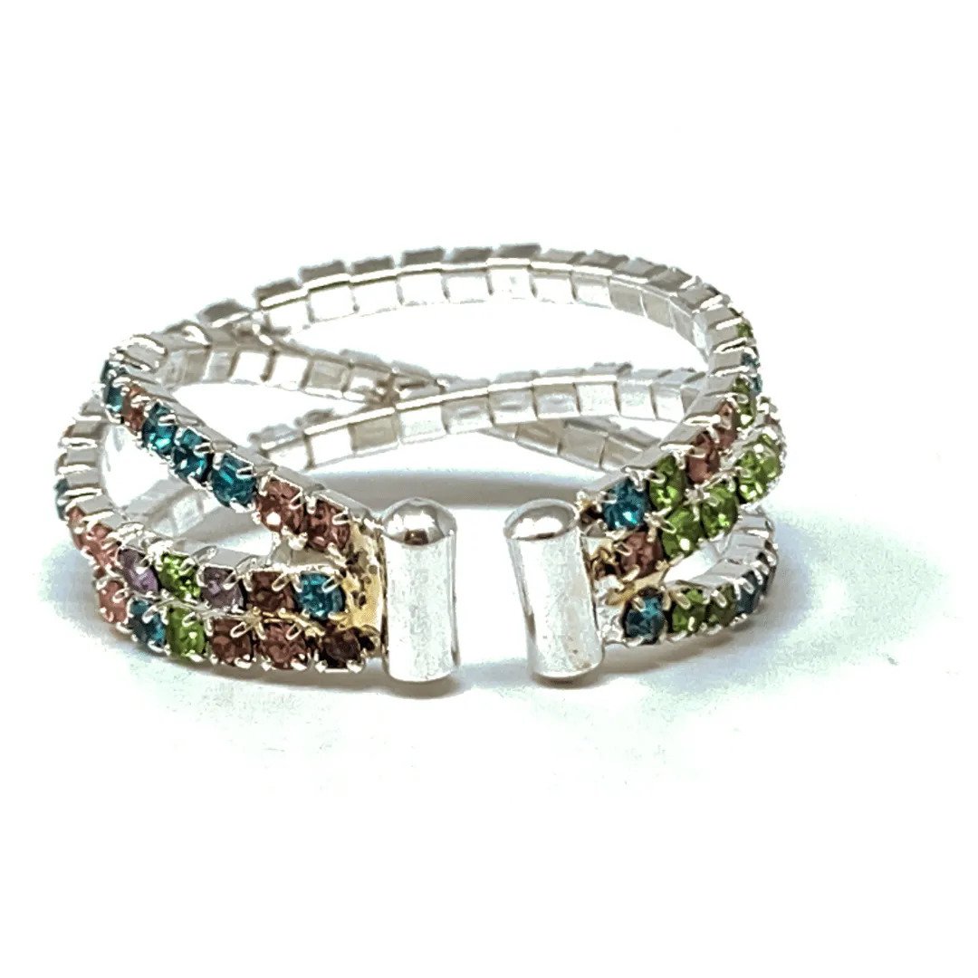 Multi Color Rhinestone Silver Crossover Cuff Style Stretch Ring