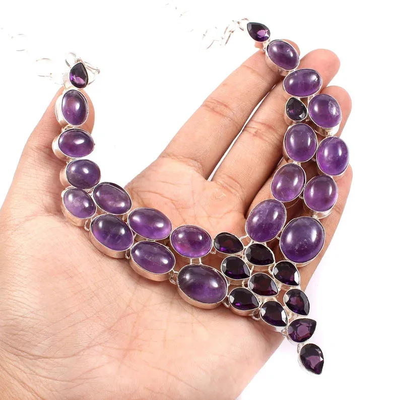 Natural  Amethyst Vintage Bib Necklace  - 925 Sterling Silver Wedding Necklace