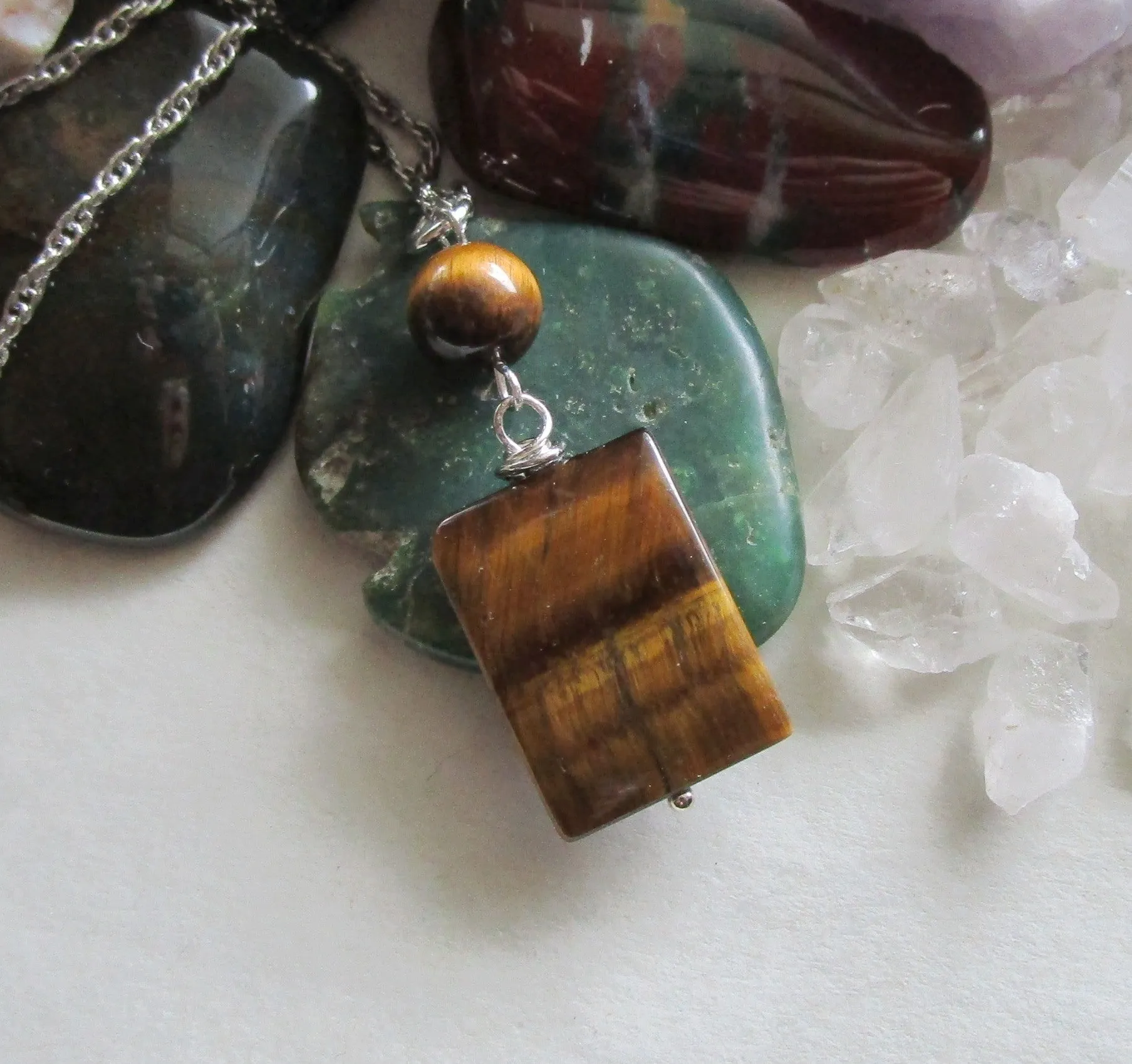 Natural Gold Tiger's Eye Gemstone Crystal Pendant Necklace