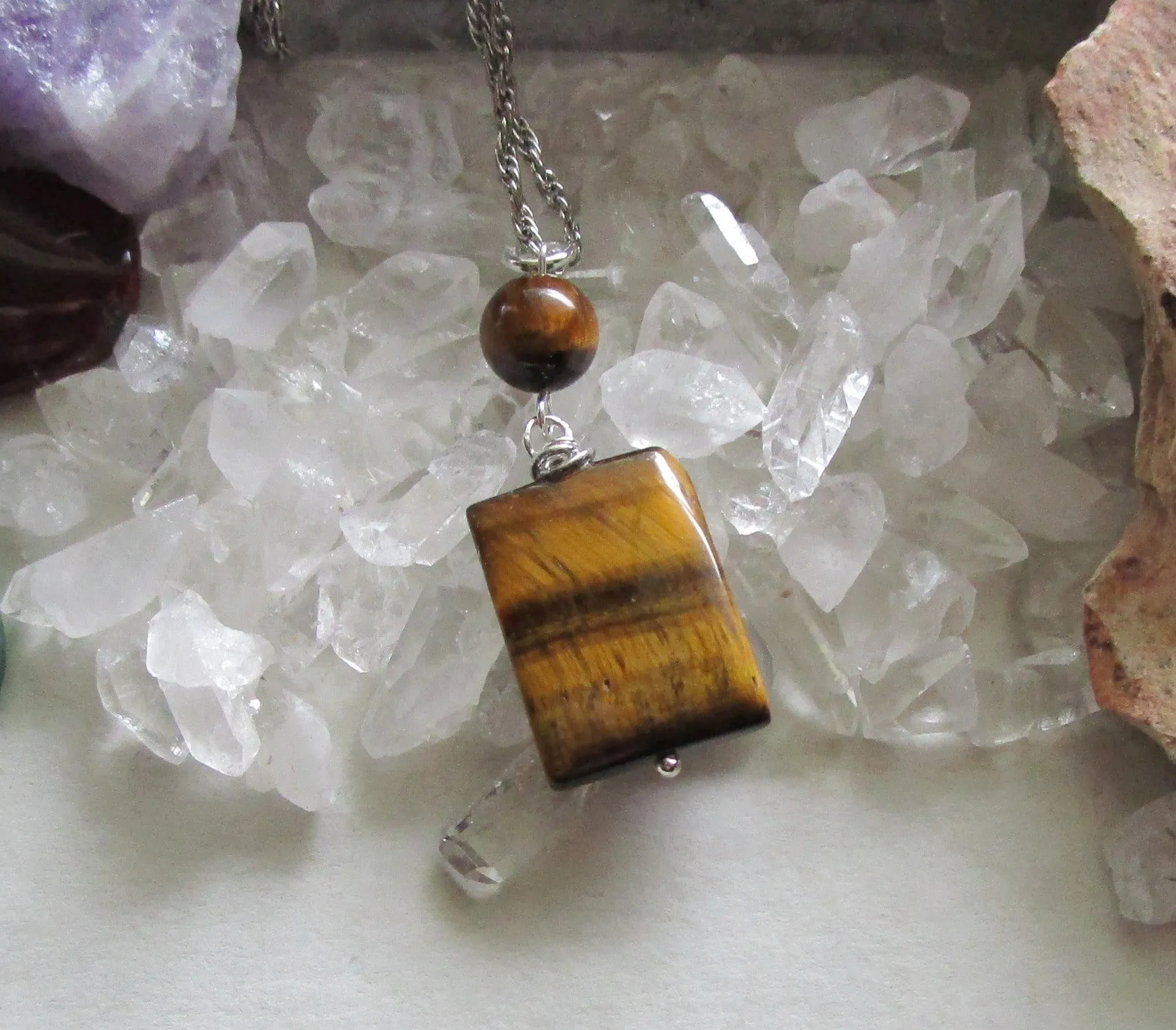 Natural Gold Tiger's Eye Gemstone Crystal Pendant Necklace