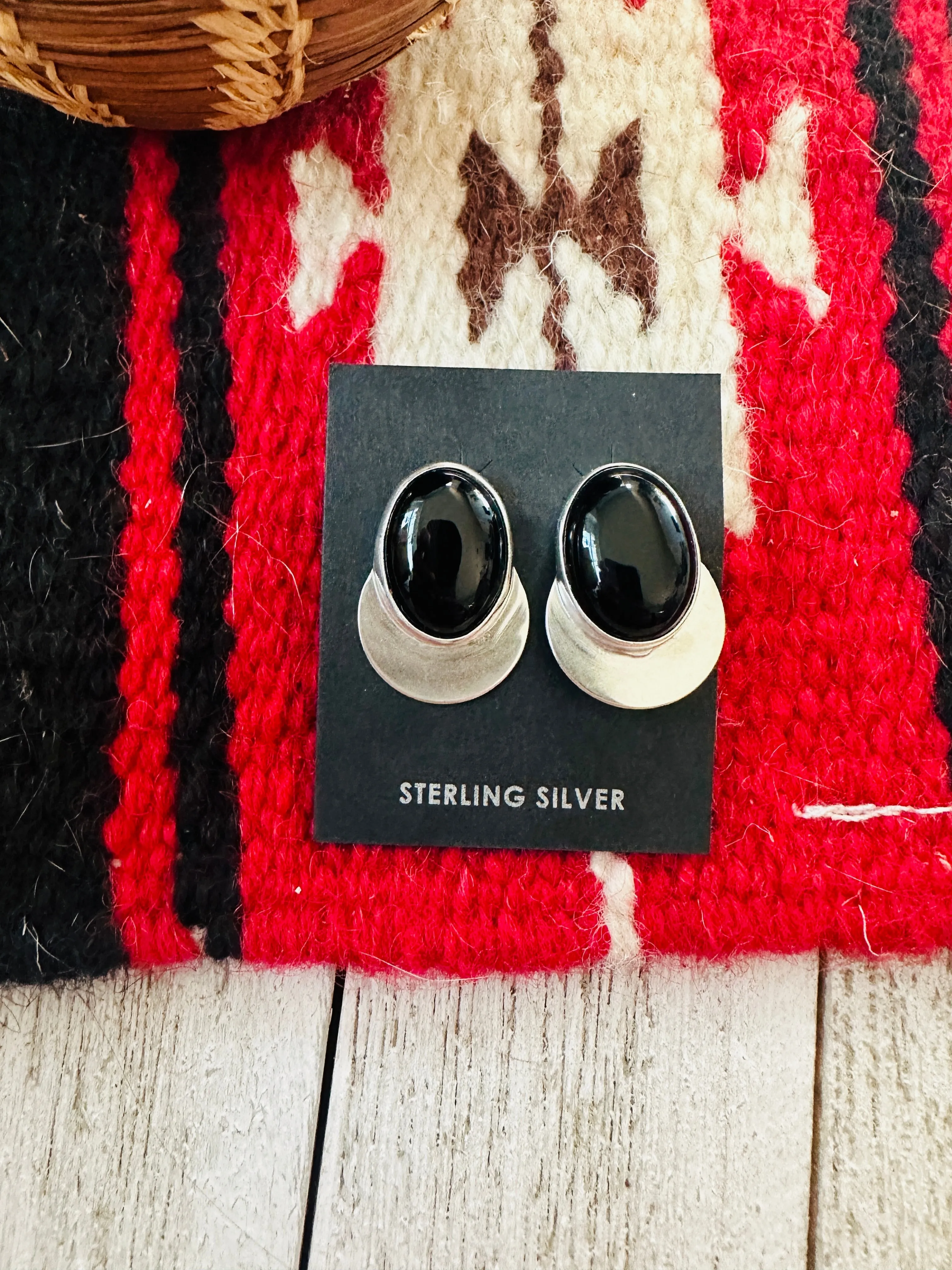 Navajo Onyx & Sterling Silver Post Earrings