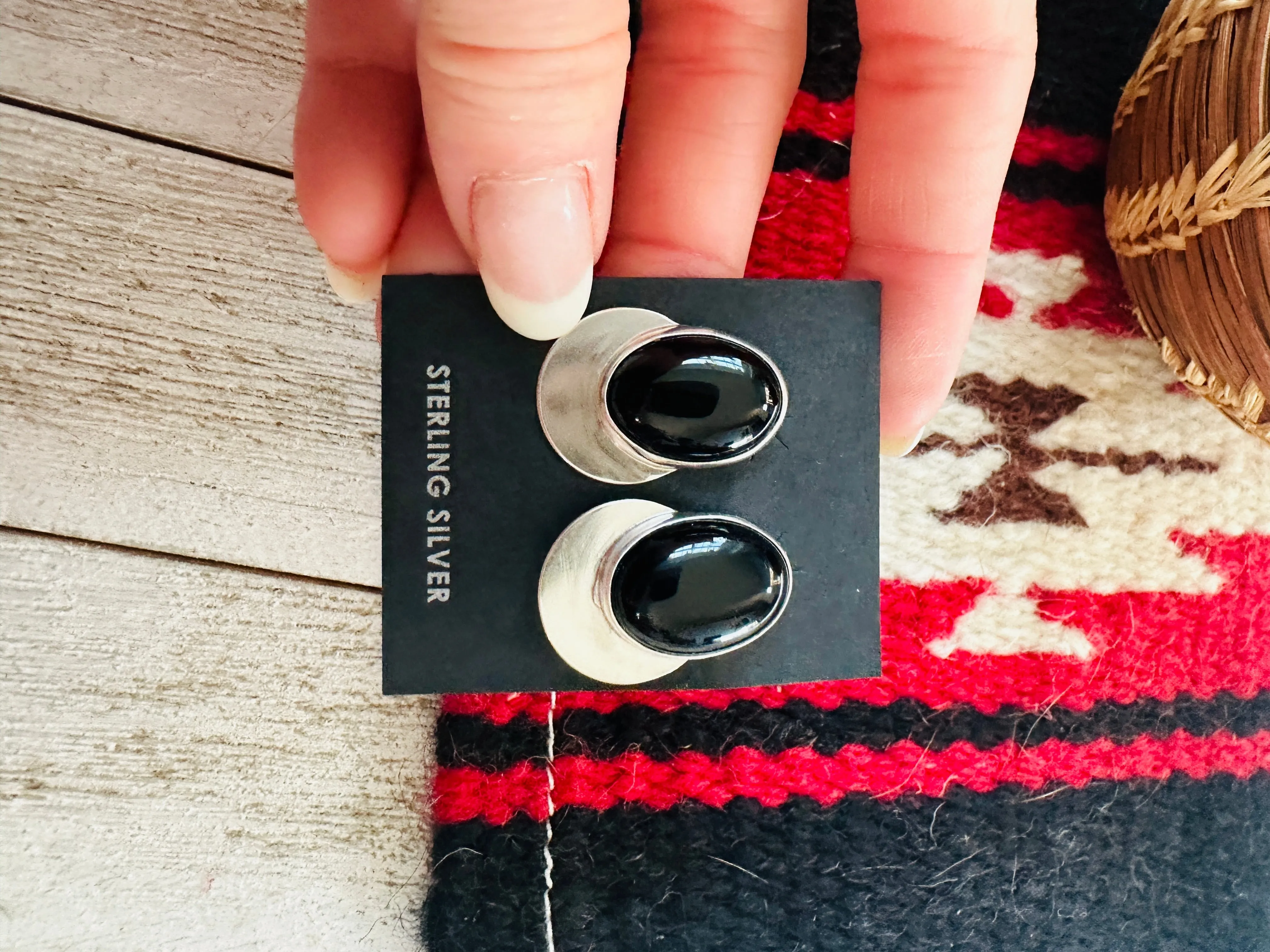 Navajo Onyx & Sterling Silver Post Earrings