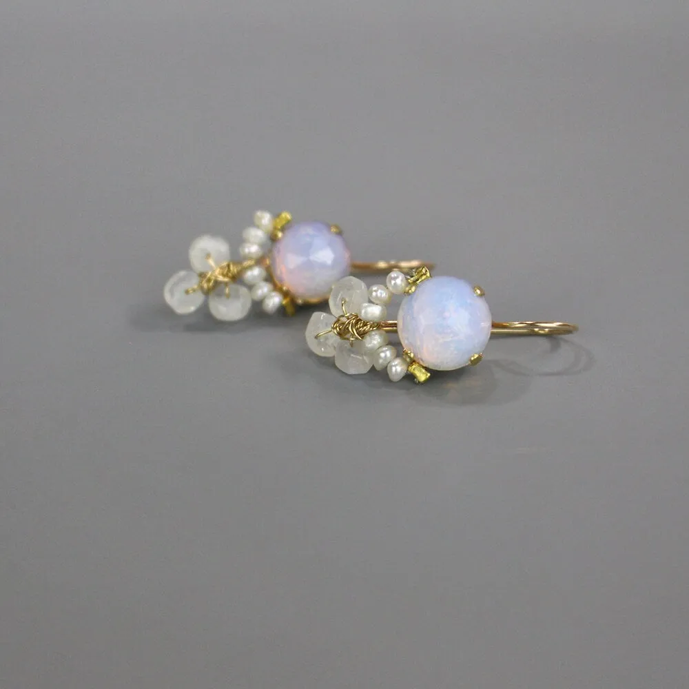 Opalite Pearl Moonstone Clover Earrings