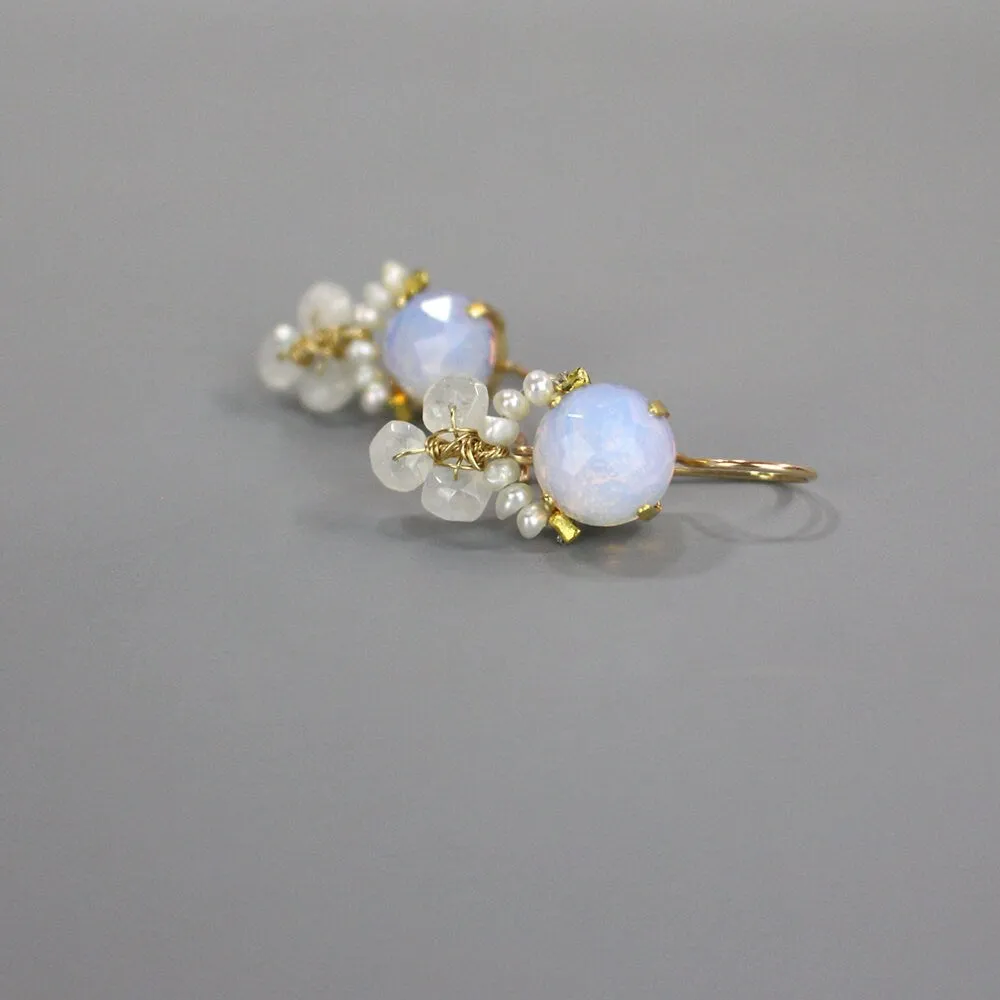 Opalite Pearl Moonstone Clover Earrings