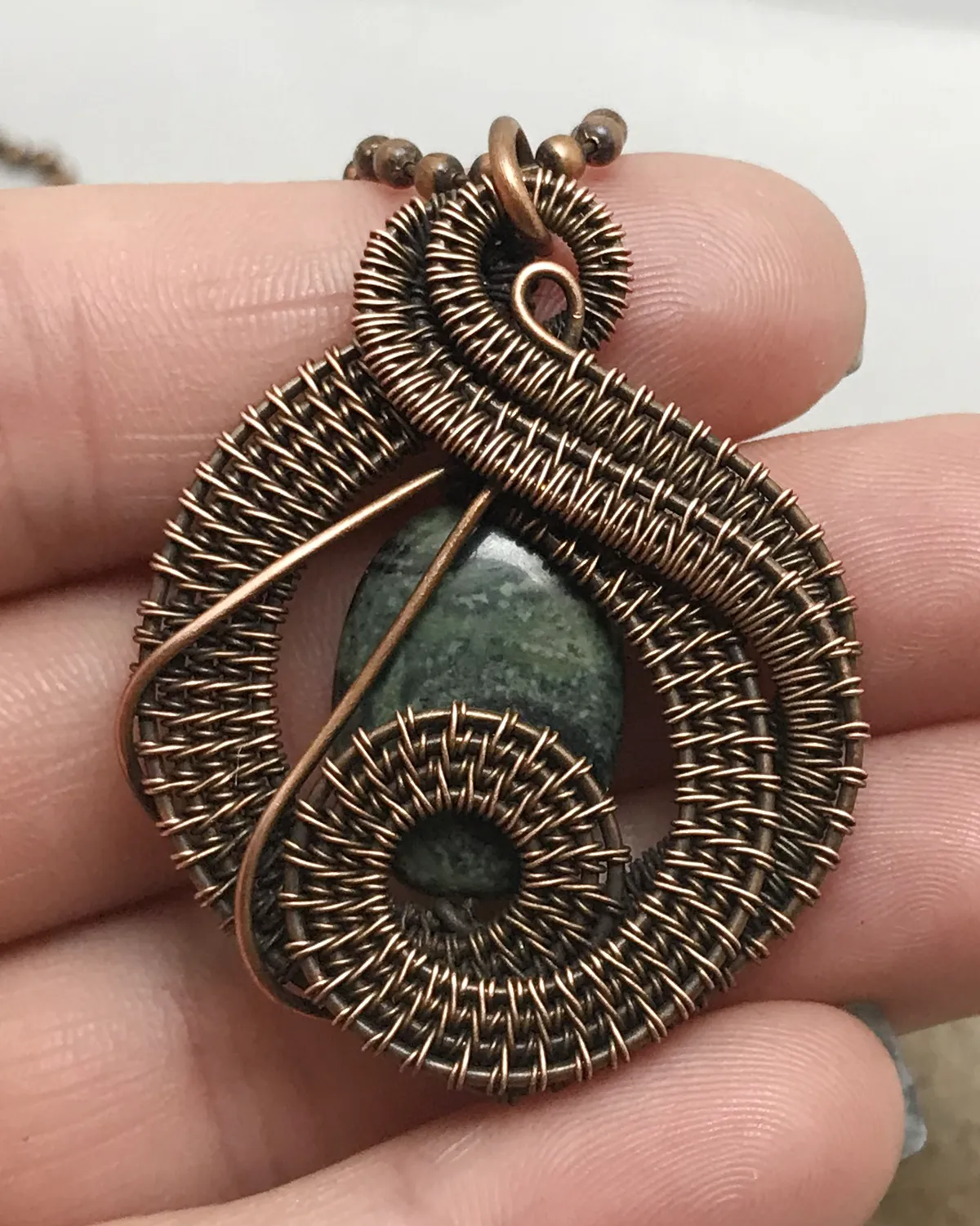 Oxidized Copper Wire Woven Kambaba Jasper Pendant