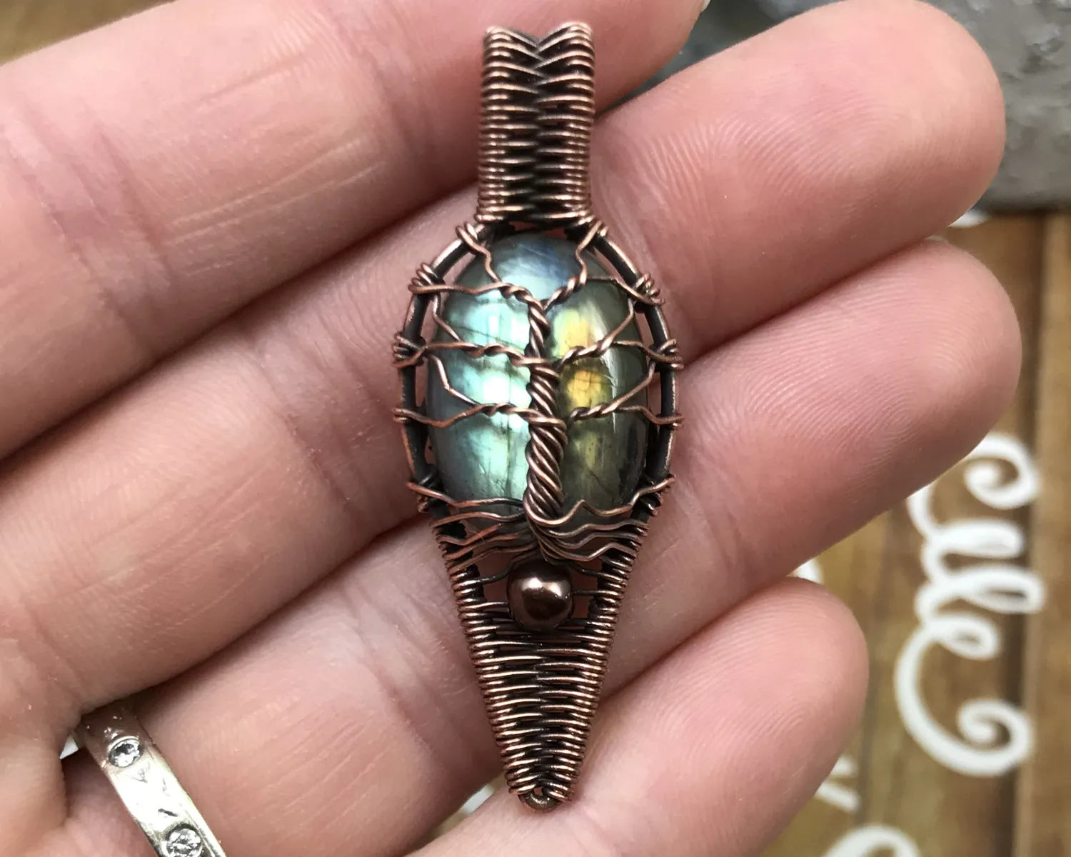 Oxidized Copper Wire Woven Labradorite Tree Of Life Artisan Pendant Necklace