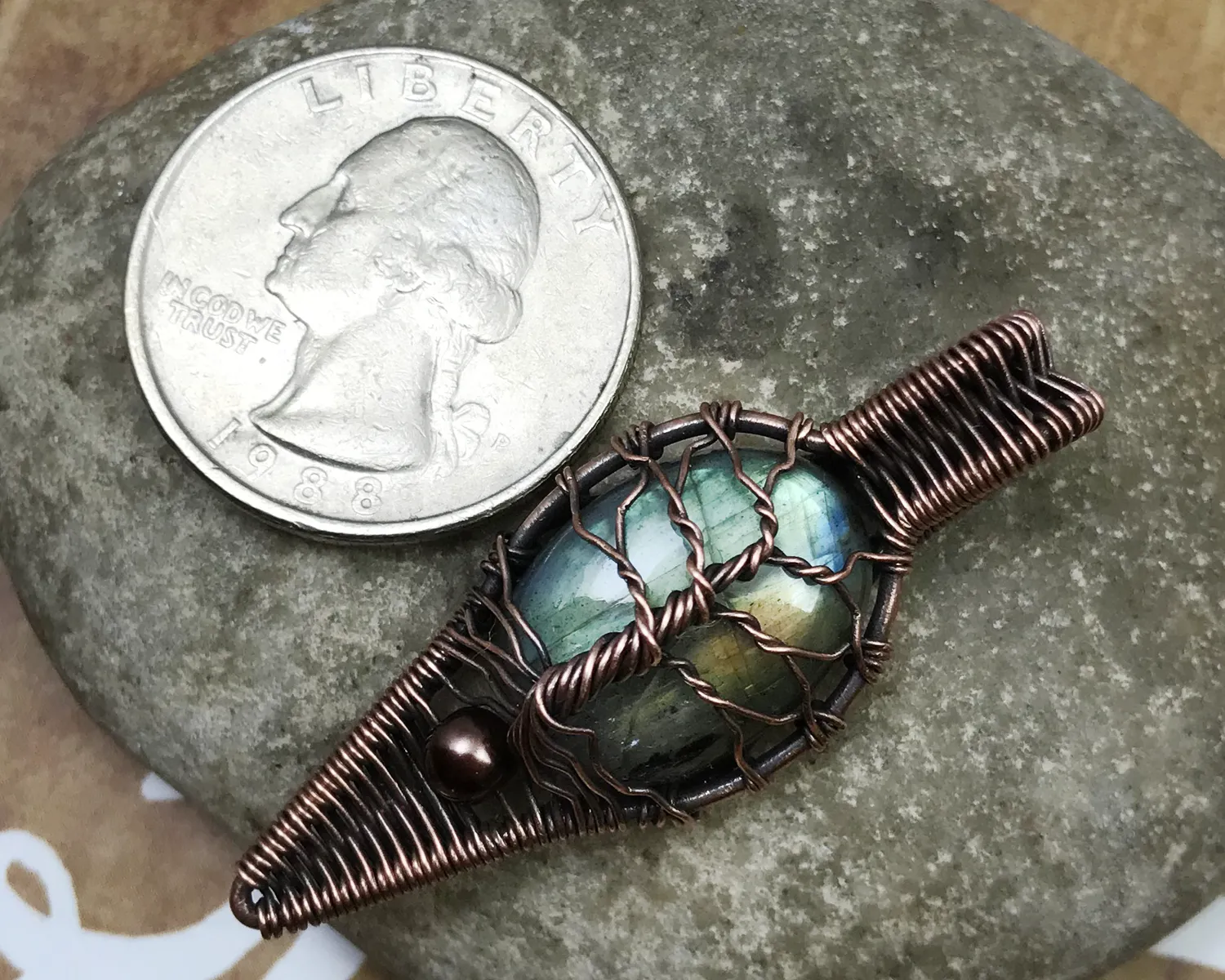 Oxidized Copper Wire Woven Labradorite Tree Of Life Artisan Pendant Necklace