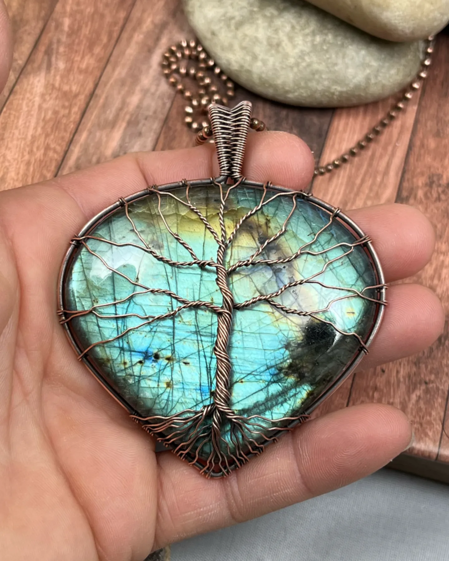 Oxidized Copper Wire Woven Labradorite Tree Of Life Statement Pendant