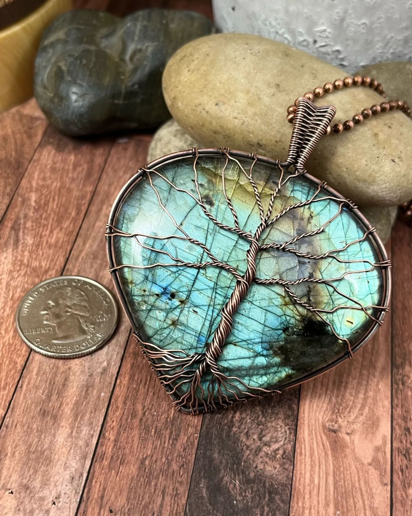 Oxidized Copper Wire Woven Labradorite Tree Of Life Statement Pendant