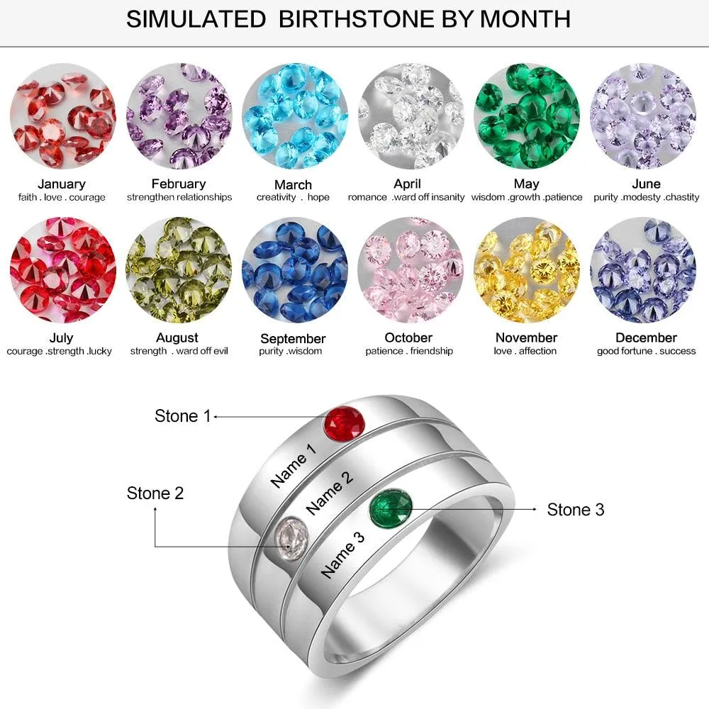 Personalized 3 Birthstones Custom Engraved Name Stackable Rings, Fashion Jewelry Gift for Women