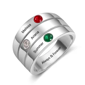 Personalized 3 Birthstones Custom Engraved Name Stackable Rings, Fashion Jewelry Gift for Women