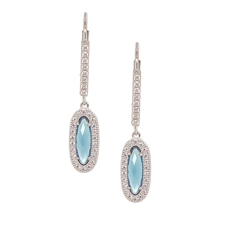 Platinum Finish Sterling Silver Micropave Oblong Earrings with Simulated London Blue Topaz and Simulated Diamonds