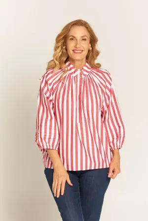 Pleat Sleeve Cotton Blouse Red/White