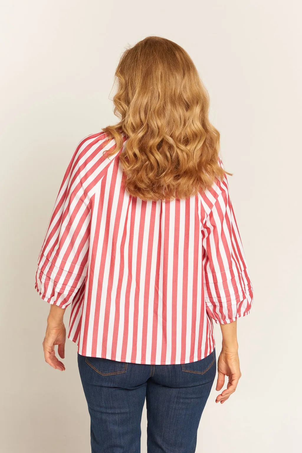 Pleat Sleeve Cotton Blouse Red/White