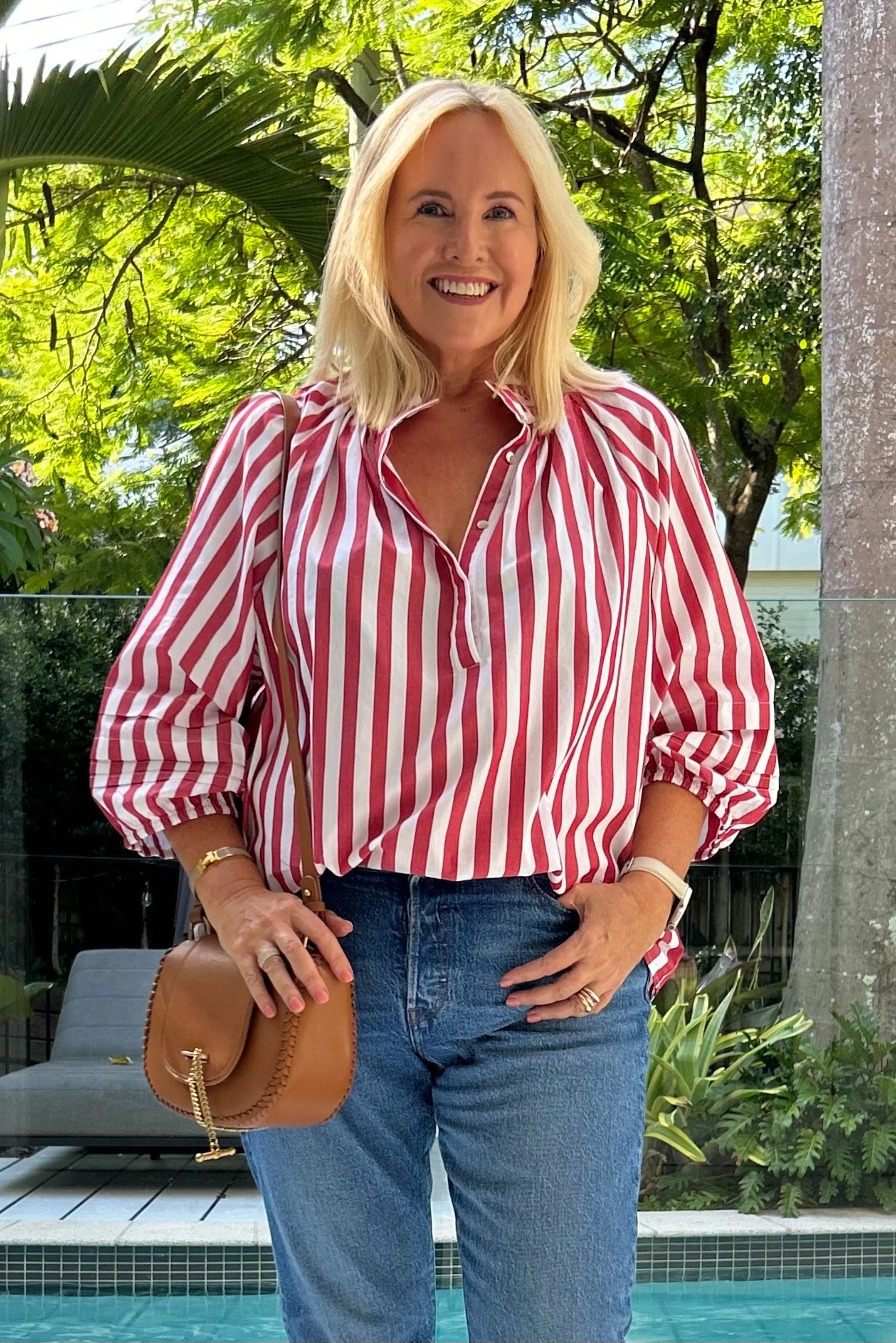 Pleat Sleeve Cotton Blouse Red/White