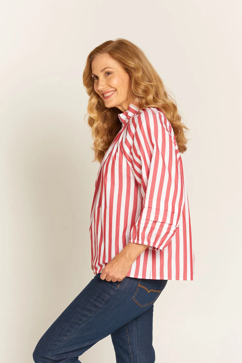 Pleat Sleeve Cotton Blouse Red/White