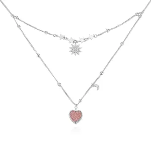 (Pre-order) Pink Druzy Silver Layered Necklace - Love Note