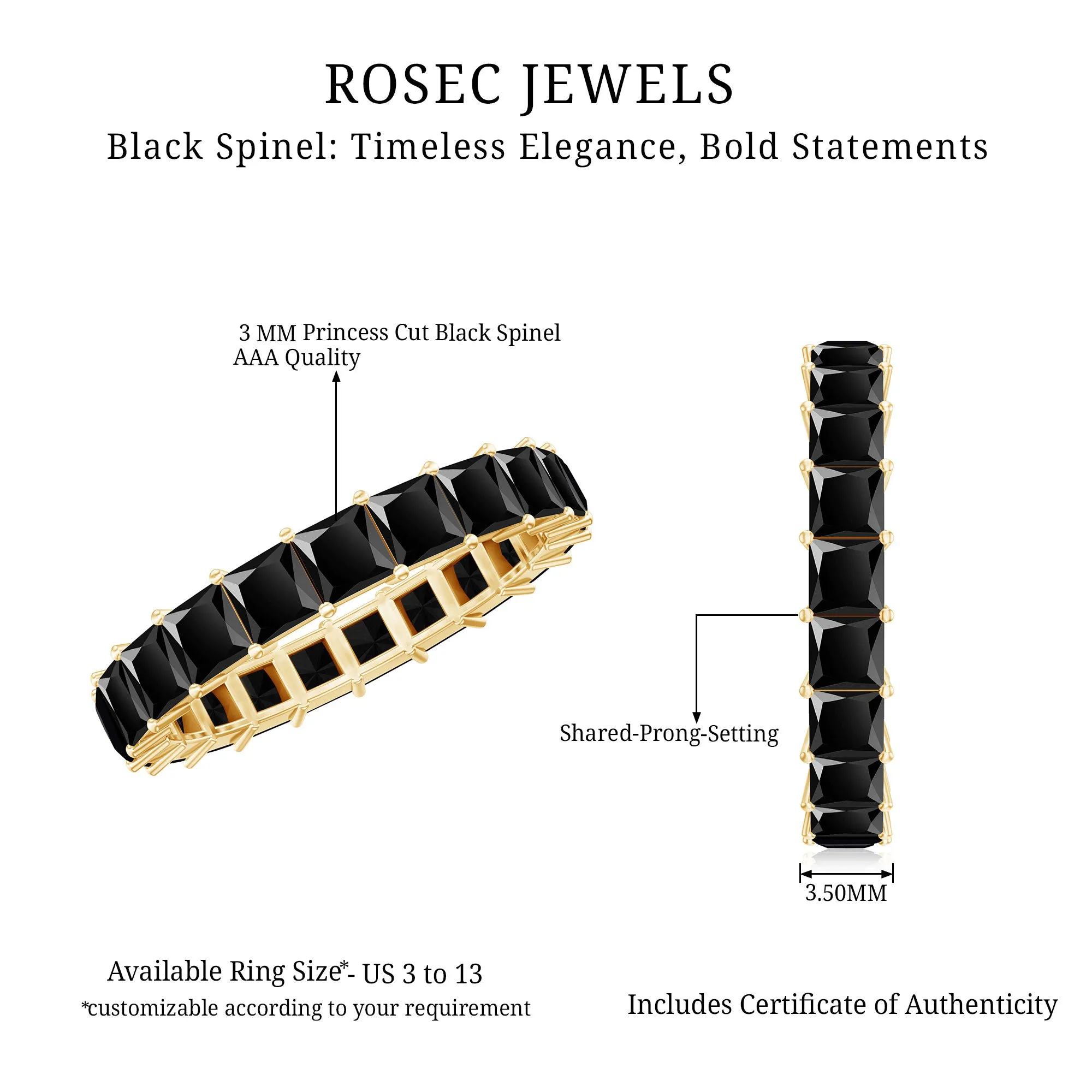 Princess Cut Black Spinel Stackable Eternity Band